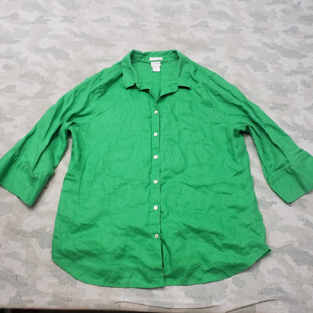 Chico's Top Women 2 Green No Iron Linen 3/4 Sleeve Button-Up Minimalist